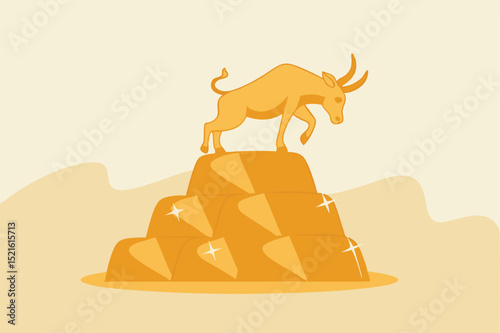 Gold investment bull market, safe haven in financial crisis or gold price rising up as investor run a concept, shiny bull statue on stack of bullion gold bar, ingot treasure.