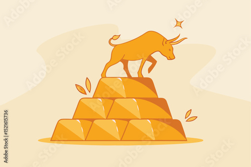 Gold investment bull market, safe haven in financial crisis or gold price rising up as investor run a concept, shiny bull statue on stack of bullion gold bar, ingot treasure.