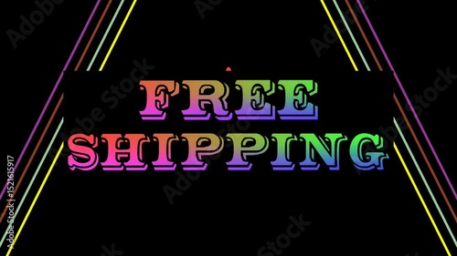 Pop up FREE SHIPPING text in a rainbow color combination and black banner and background group of colorful flashing triangle lines