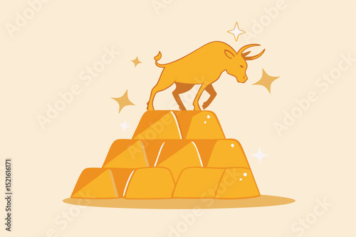 Gold investment bull market, safe haven in financial crisis or gold price rising up as investor run a concept, shiny bull statue on stack of bullion gold bar, ingot treasure.