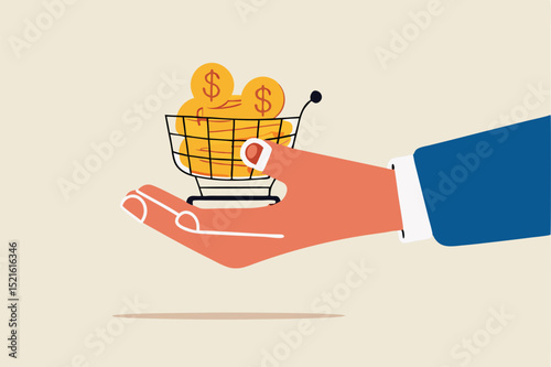 Bargain business deal for buyer and seller, best price shopping, stock for investor or consumer and marketing concept, dollar gold coins in shopping cart or trolley in businessman hand.
