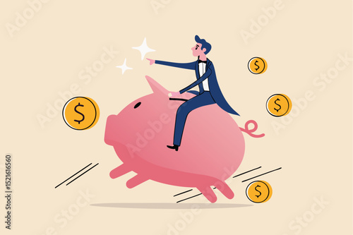 Investor return in stock market investment in financial crisis, money loss in economic collapse or searching for yield concept, investor man riding pink piggy bank catching flying dollar coins money.