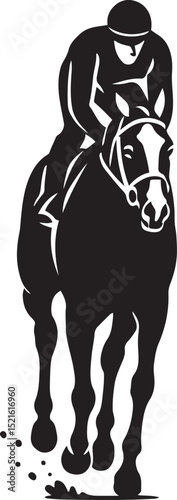 Jockey and horse gallop black white style, Racing horse dynamic silhouette