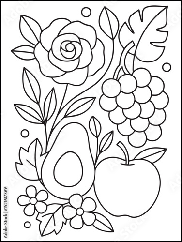 Summer Coloring Page for Kids and Adults – Printable Black and White Line Art with Fruit and Flowers for Stress Relief, Relaxation, and Fun