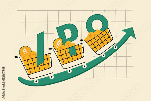 New stock IPO, initial public offering company going public to trade in stock exchange market concept, cart with money coins with the alphabet IPO riding on green rising up trading price graph.
