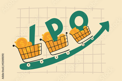 New stock IPO, initial public offering company going public to trade in stock exchange market concept, cart with money coins with the alphabet IPO riding on green rising up trading price graph.