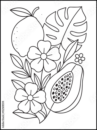 Summer Coloring Page for Kids and Adults – Printable Black and White Line Art with Fruit and Flowers for Stress Relief, Relaxation, and Fun