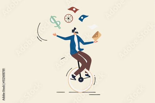 Financial advisor, professional investment expertise concept, smart businessman investor juggling finance asset, real estate, currency, gold, saving and stock market graph riding unicycle one wheel.