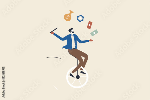 Financial advisor, professional investment expertise concept, smart businessman investor juggling finance asset, real estate, currency, gold, saving and stock market graph riding unicycle one wheel.