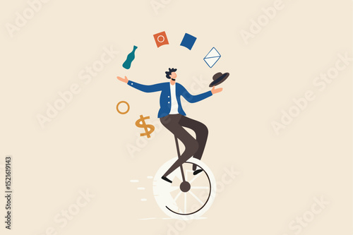 Financial advisor, professional investment expertise concept, smart businessman investor juggling finance asset, real estate, currency, gold, saving and stock market graph riding unicycle one wheel.