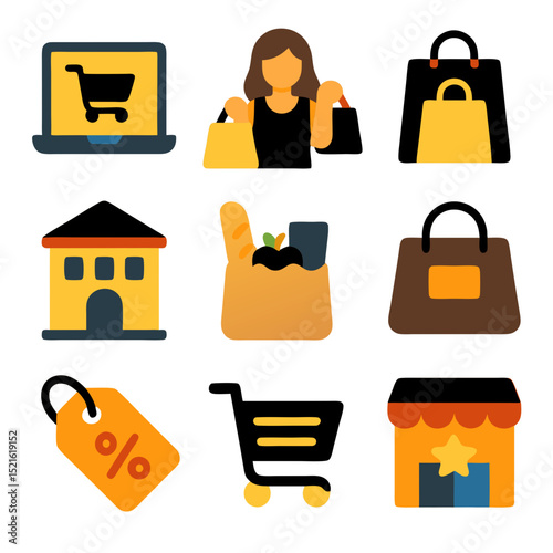 Shopping nine icons depict the diverse landscape of online and physical shopping activities.
