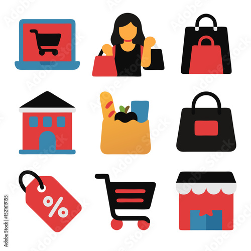 Shopping icons for online and offline retail, perfect for ecommerce websites, brickandmortar stores, digital marketing materials, and product packaging.