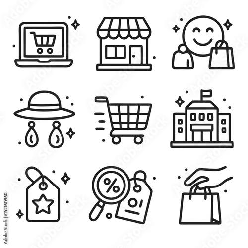 Shopping nine black and white icons for online and offline retail.