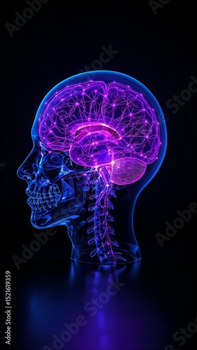 Illustration of a human head with a visible brain and spinal cord in purple and blue neon light on transparent background silhouette