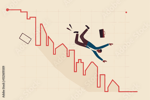 Real estate market price down chart, down turn homebuyer or property investment concept, businessman homebuyer, investor or real estate agent falling from house and building red plunge graph and chart