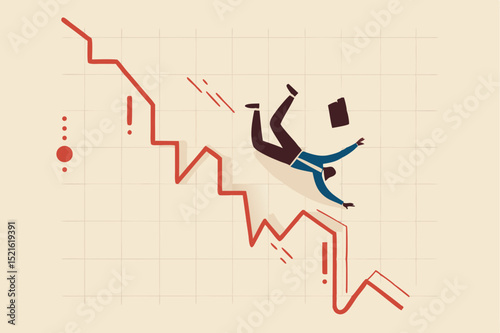 Real estate market price down chart, down turn homebuyer or property investment concept, businessman homebuyer, investor or real estate agent falling from house and building red plunge graph and chart