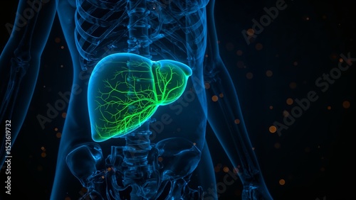 Human anatomy showing the liver and skeleton in blue and green on a dark background image on transparent background silhouette