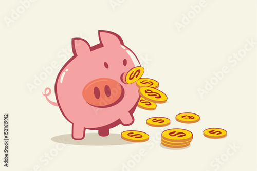 Money loss from investment failure, bad habit problem in personal finance, debt crisis or inflation money reduction concept, depress sadness broken pink piggy bank with money dollar coins pouring out.