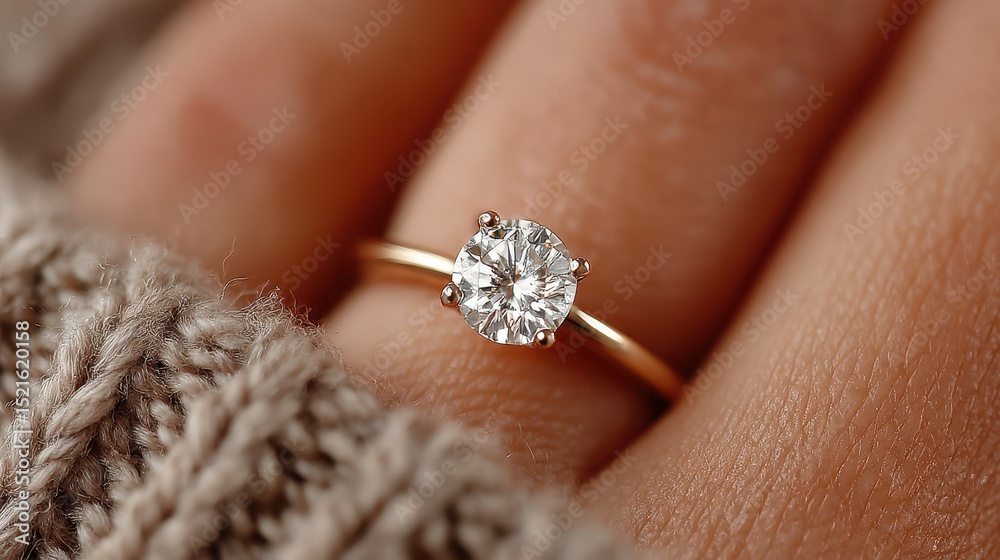 Elegant diamond engagement ring displayed on a hand with knitted fabric in a soft lighting environment Elegant diamond engagement ring displayed on a hand with knitted fabric in a soft lighting environment