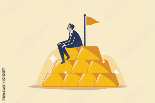 Gold investment, safe haven in financial crisis or wealth management and asset allocation concept, businessman success wealth manager, trader or rich investor sitting on stack of gold bar bullion.