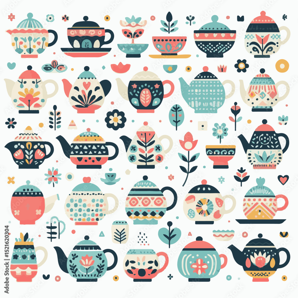 Fototapeta premium Traditional colourful tea cup set vactor