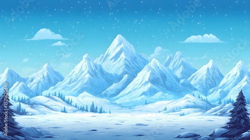 art winter mountain landscape with snow covered peaks and evergreen trees