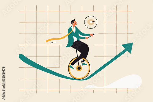Investment risk, insurance, business opportunity to grow up in economic crisis concept, confidence investor businessman blindfold and juggling knifes riding unicycle one wheel on green rising up graph