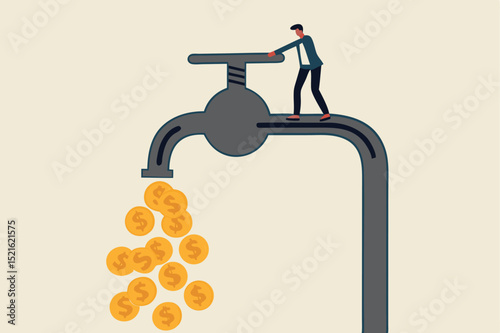 Cash flow, making profit from business or earning from stock investment concept, wealthy businessman business owner or investor opening water tap to let gold dollar coins money flowing out.