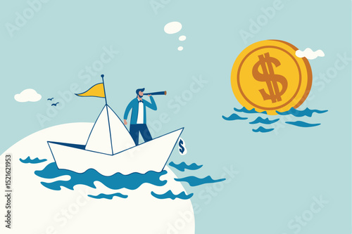 Financial planning target, vision and strategy for financial freedom or retirement saving goal concept, businessman salary man investor riding the boat using telescope to see far golden money coin.