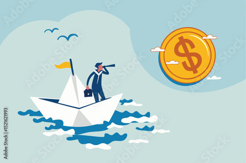 Financial planning target, vision and strategy for financial freedom or retirement saving goal concept, businessman salary man investor riding the boat using telescope to see far golden money coin.