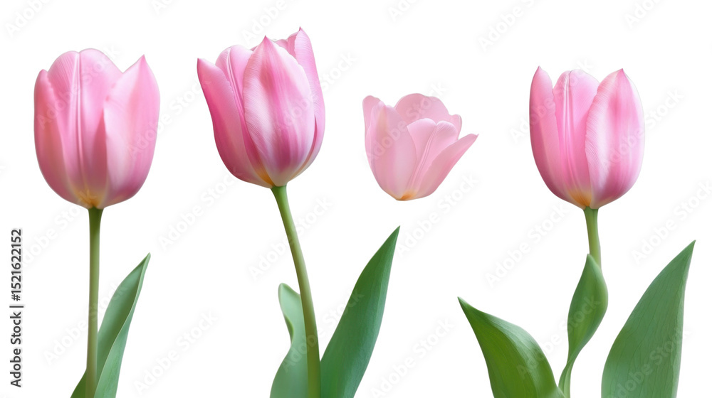 Fresh pink tulips with green stems isolated on white background Fresh pink tulips with green stems isolated on white background