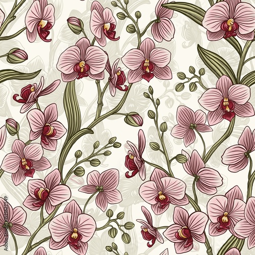 Seamless pattern with orchid, vector illustration. Perfect for background greeting cards and invitations for wedding, birthday, Valentine's Day, Mother's Day.