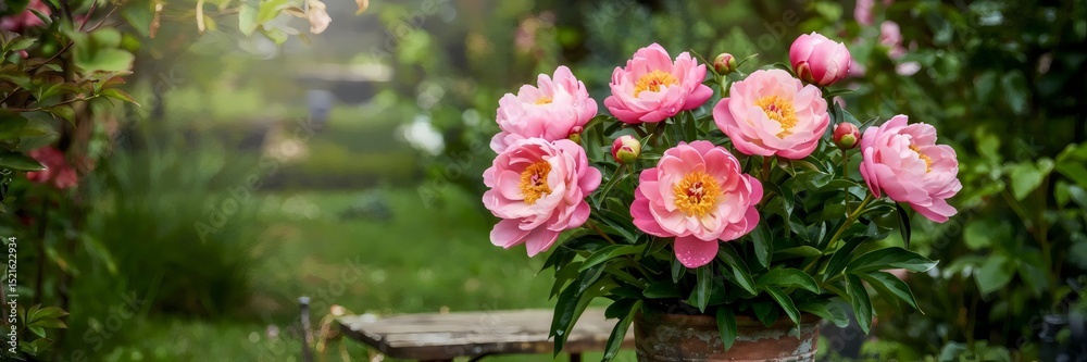 pink peonies in terracotta pot on rustic table with blurred garden background – ideal for home gardening, floral still life, or natural light photography pink peonies in terracotta pot on rustic table with blurred garden background – ideal for home gardening, floral still life, or natural light photography