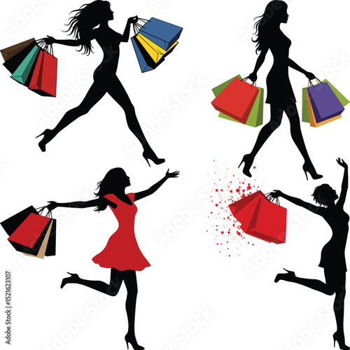 Dynamic shopping women silhouettes with colorful bags vector
