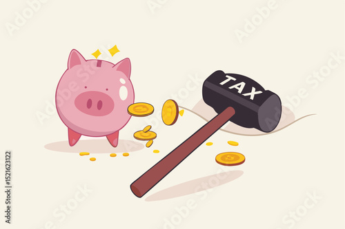 Tax planning mistake, pay a lot of money for income tax causing money loss impact saving plan concept, broken pink piggy bank and money coins pouring out with the evidence of hammer with the word Tax.