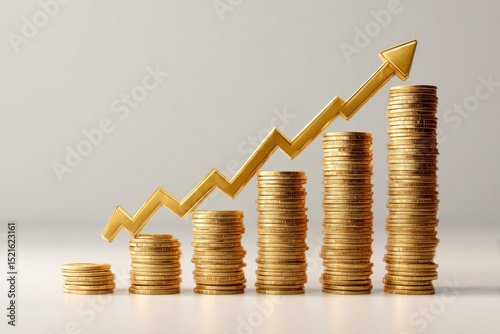 Rising gold coin stacks with golden arrow, representing financial growth and success, investment returns, wealth accumulation and the power of compound interest.