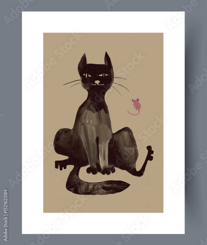 A charming and whimsical illustration featuring a playful black cat alongside a delightful mouse