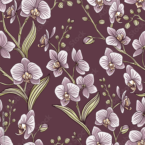 Seamless pattern with orchid, vector illustration. Perfect for background greeting cards and invitations for wedding, birthday, Valentine's Day, Mother's Day.