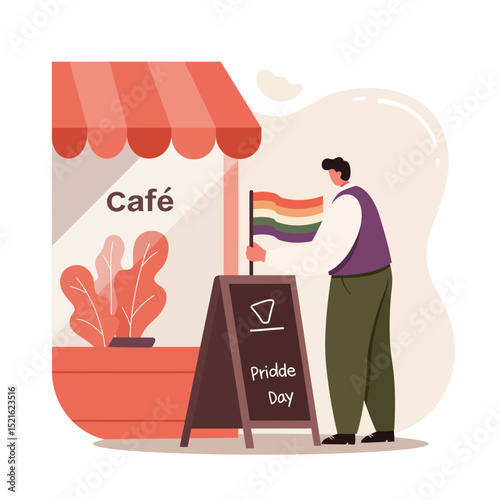 Person decorating cafe with pride day sign and rainbow flag for pride celebration event outdoors 