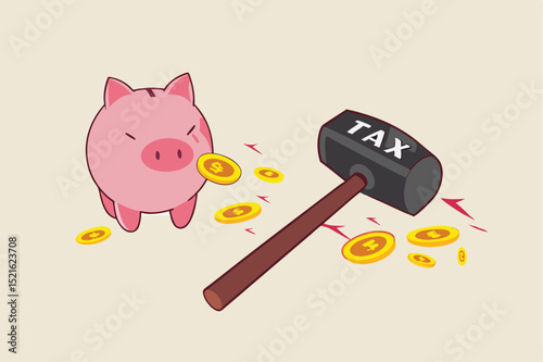 Tax planning mistake, pay a lot of money for income tax causing money loss impact saving plan concept, broken pink piggy bank and money coins pouring out with the evidence of hammer with the word Tax.