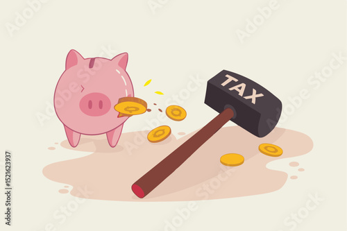 Tax planning mistake, pay a lot of money for income tax causing money loss impact saving plan concept, broken pink piggy bank and money coins pouring out with the evidence of hammer with the word Tax.