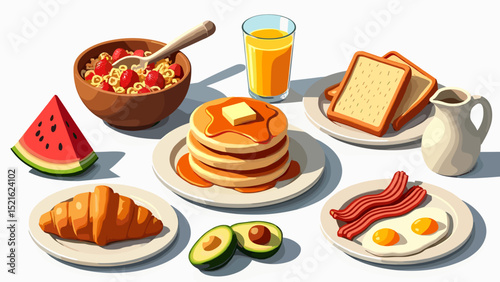 Breakfast Menu Stock Illustration – Coffee, Croissant, Pancake, Cereal, and Morning Meal Elements

