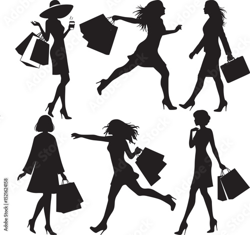 Fashionable women silhouettes with shopping bags in various poses vector