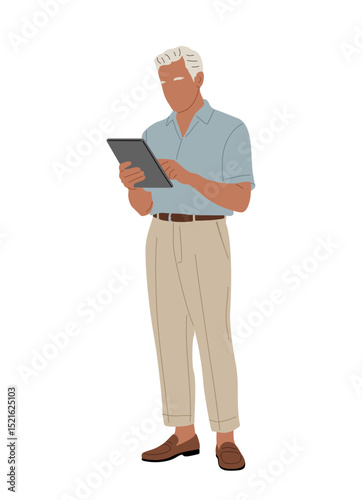 Elderly man in smart casual summer outfit using digital tablet. Vector illustration of senior male character standing and browsing device, isolated on transparent background.