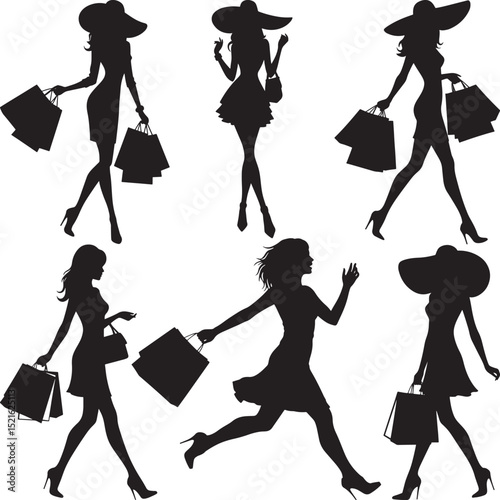 Stylish women shopping with bags and hats silhouette set vector