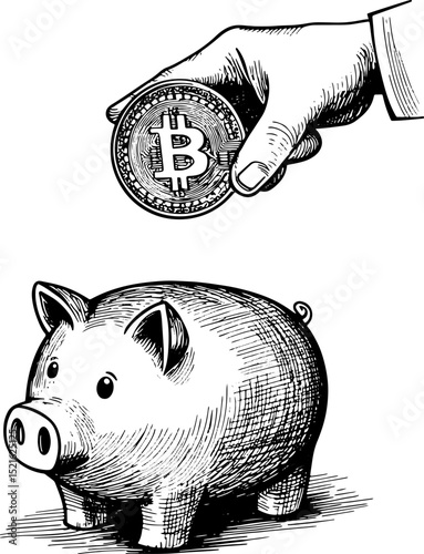 hand throwing bitcoin coin into piggy bank sketch engraving vector illustration. Scratch board imitation. Black and white hand drawn image.
