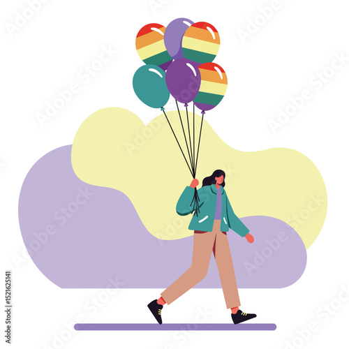 Person walking holding rainbow colored balloons celebrating pride and diversity in casual outfit vector illustration 