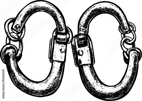 Police handcuffs sketch engraving vector illustration. Scratch board imitation. Black and white hand drawn image.