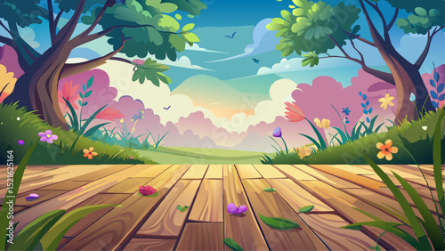 A wooden floor is present in the foreground, while a floral field, blurred in the background, creates a soft and dreamy atmosphere around it.