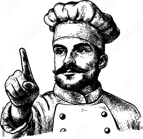 bellissimo gesture chef cook sketch halftone pattern vector illustration. Scratch board imitation. Black and white hand drawn image.